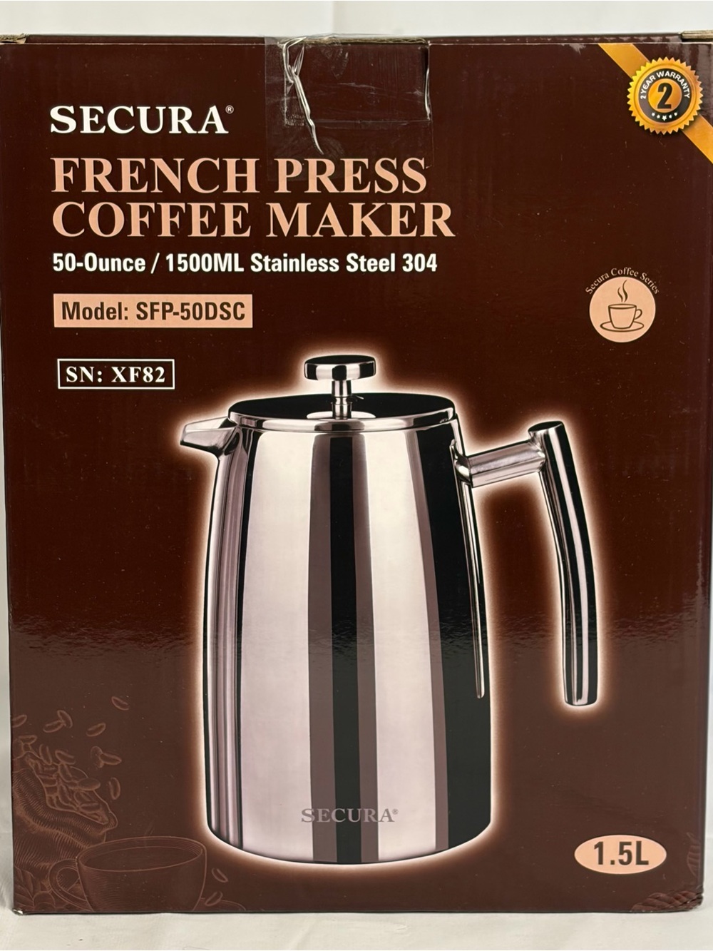 Secura Stainless Steel French Press Coffee Maker 50-Ounce 1500ML Model SFP-50DSC